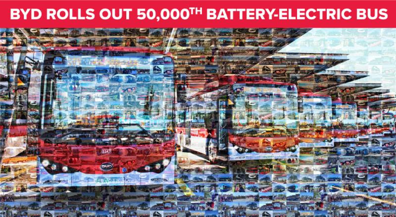 Graphic celebrating BYD's 50,000th electric bus.
