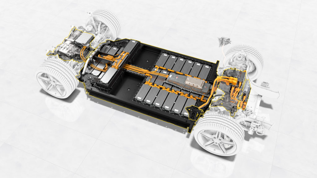 Graphic showing chassis and electrical system of Porsche 2020 Taycan