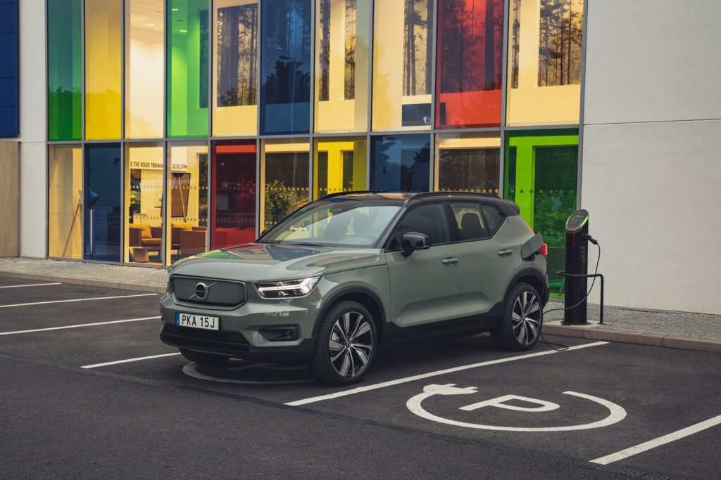 Photo of Volvo XC40 Recharge plugged in for charging.