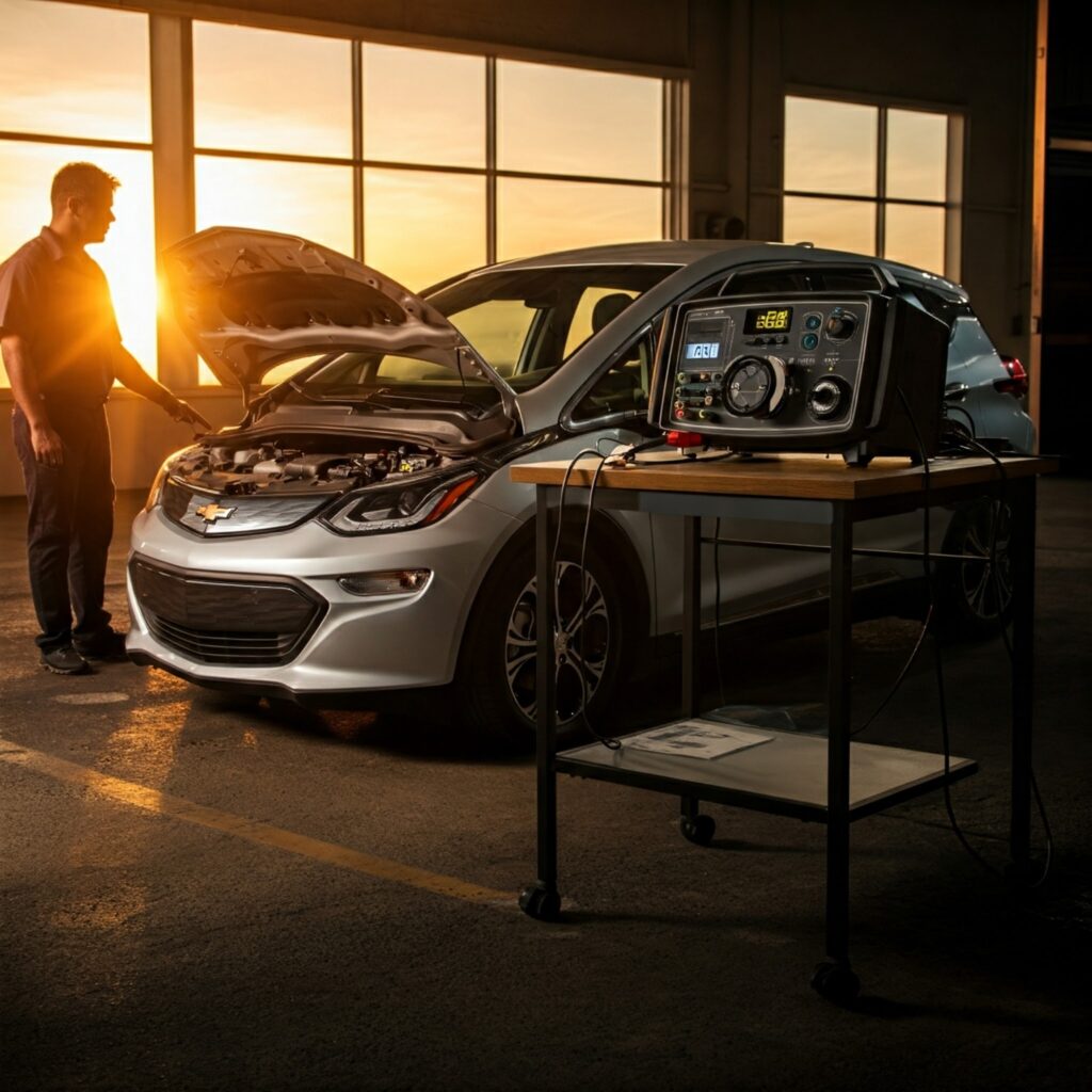 A Chevy Bolt with the hood open, revealing its circuitry, and electrical diagnostic equipment on a table nearby. A technician is standing next to the car, looking at the diagnostic equipment. The scene is illuminated by a warm, golden light, creating a dramatic and inviting atmosphere.